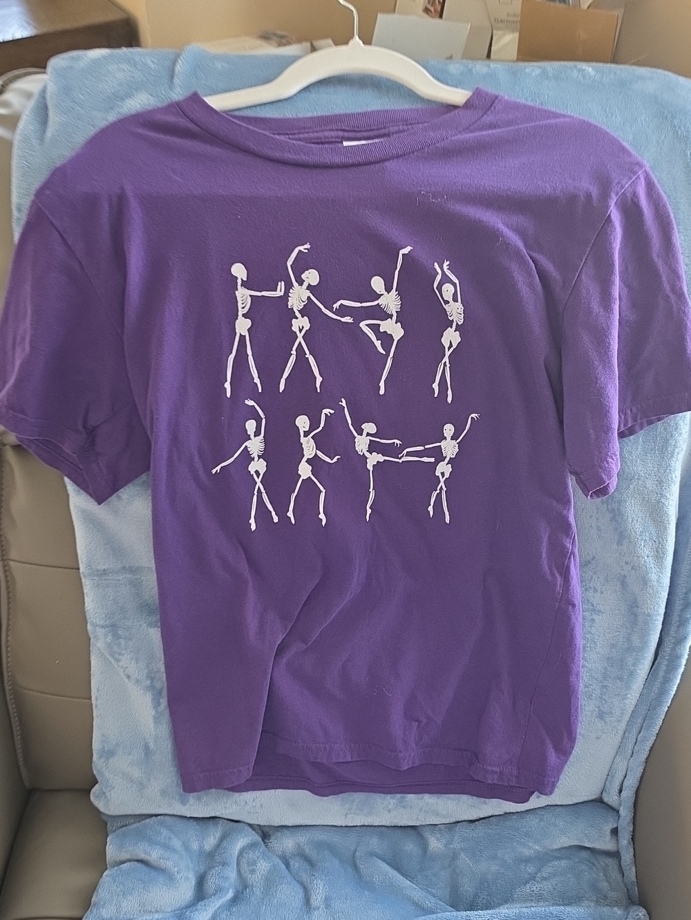 Amazon Purple Tee with White Dancing Skeletons